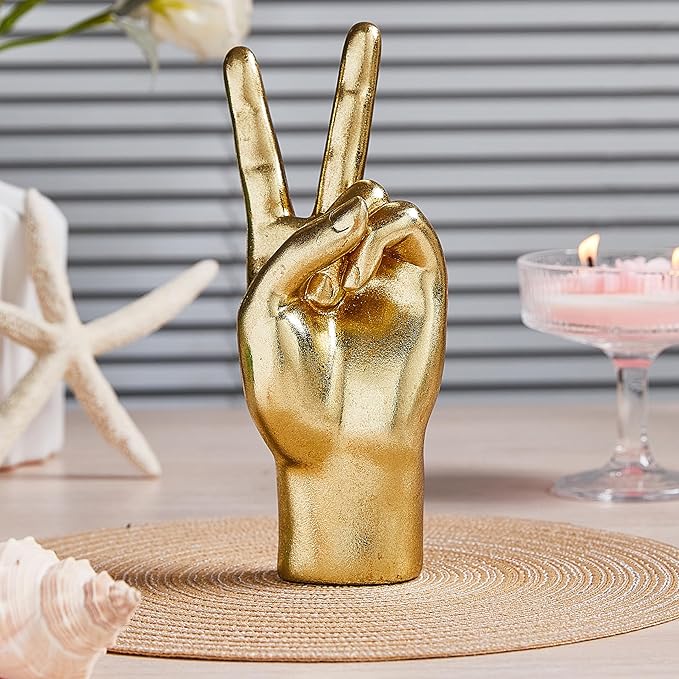 Gold Decor Peace “Victory” ASL Hand Sign, Classic Gesture Hand Sculpture 8.46 Inch Figurine