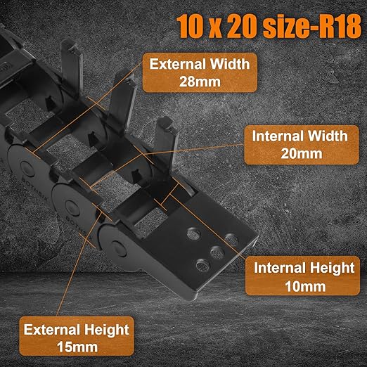 10 x 20mm (Inner H x W) R18 Bridge Type Drag Chain Cable Wire Carrier Protection Chain 39.3inch/1M for 3D Printer and CNC Router Mill,Black Plastic Nylon（Outer Side openable）