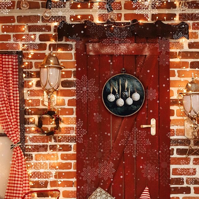 Hxlac Vintage Christmas Bauble Ball Round Wall Art Framed, Dark Rustic Winter Round Wall Decor, Cottagecore Winter Hanging Canvas Prints Wall Sculptures for Home Bedroom Living Room Decor, 10x10 Inch