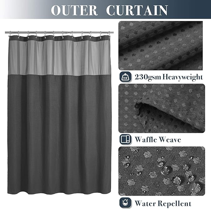 N&Y HOME Extra Long Waffle Weave Shower Curtain with Snap-in Fabric Liner & 12 Hooks Set - 71" x 84", Hotel Style & Mesh Top Window, Machine Washable - 71x84, Graphite Gray