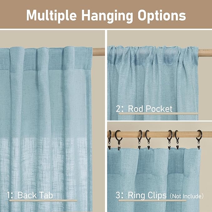 LAMIT Linen Curtains for Living Room 84 inch Length 2 Panels, Light Filtering Semi Sheer Panels Back Tab and Rod Pocket Farmhouse Drapes for Bedroom/Sliding Glass Door, Stone Blue, 52 x 84 Inch