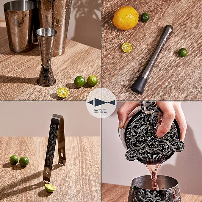SKY FISH Bartender Kit Cocktail Shaker Set-7 Pieces Stainless Steel Black Plated Etching Bar Tools with Boston Shaker Tins,Mixing Spoon,Mojito Muddler,Japanese Double Jigger,Hawthorne Strainer