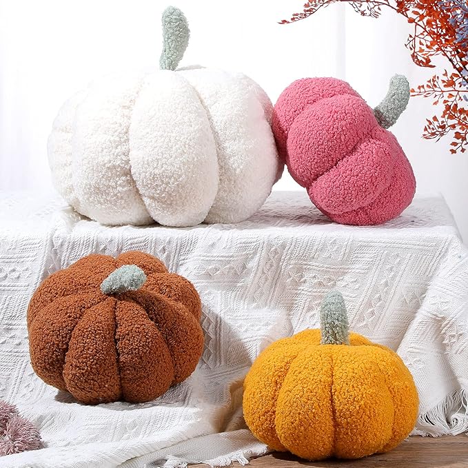 Kajaia 4 Pcs Fall Decor Pumpkin Throw Pillow Fall Pillow 11 Inches 7 Inches 3D Cushion Thanksgiving Sherpa Plush Fluffy Stuffed for Autumn Halloween Christmas Home Sofa(White, Yellow, Red, Brown)