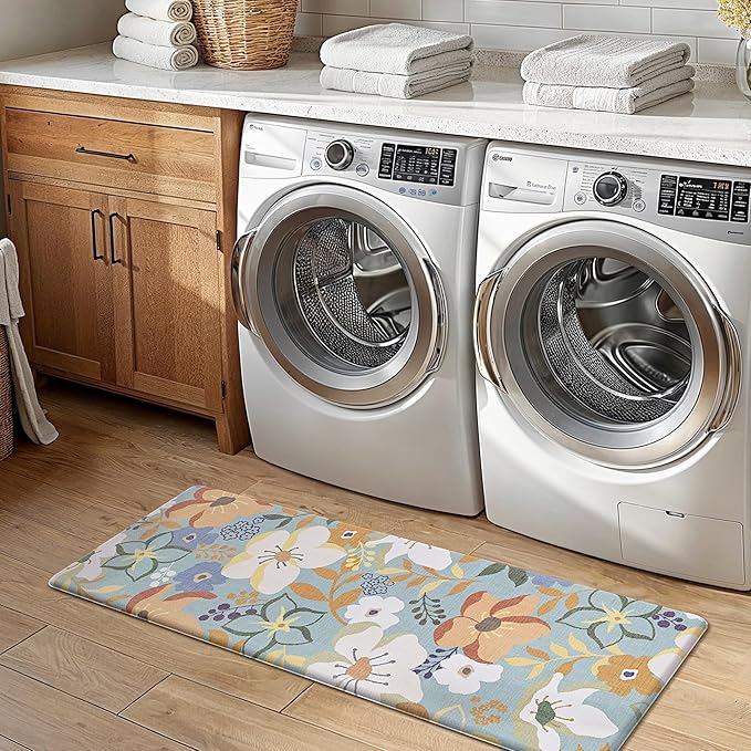 GENIMO Kitchen Mats for Floor 2PCS, Cushioned Kitchen Rugs Non Slip Washable, Farmhouse Anti Fatigue Mat Waterproof, Comfort Standing Mat Rug for Office, Home, Laundry, 17.3"x47"+17.3"x30", Aqua