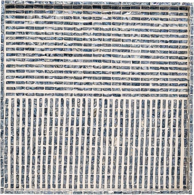 PEMAR Mother of Pearl 23.6" Square Extra Large Ottoman Tray with Insert Handles, Oversized Decorative Luxury Wooden Serving Tray for Food, Coffee Table, Breakfast in Bed (Dark Grey - White)