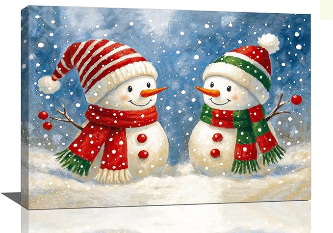 Christmas Snowman Wall Art Winter Holidays Canvas Wall Decor Pictures Paintings Prints Artwork Framed Decorations For Bathroom Bedroom Living Room Office Gifts 24" x 16"