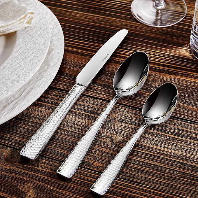 KEAWELL Premium 20/45/65 Piece Louis Hammered Silverware Set with Squared Edge, 18/10 Stainless Steel, Service for 4/8/12, Fine Flatware Set, Dishwasher Safe (20)