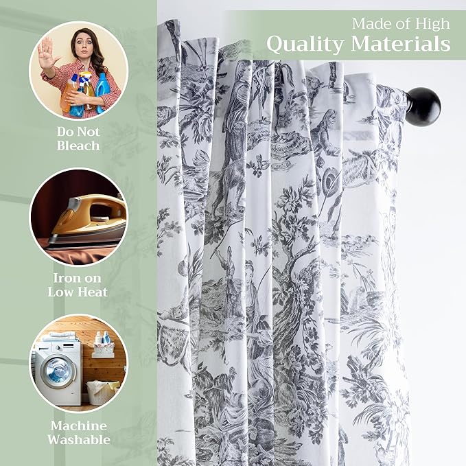 Maison d' Hermine Curtains for Living Room 100% Cotton 96 inch Length Two Panels Light Filtering Toile Curtains with Rod and Loop Pockets (The Miller Paloma Gray (White Background), 50" W x 96" L)