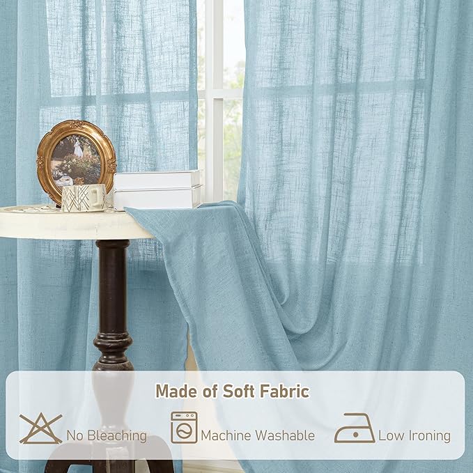 LAMIT Linen Curtains for Living Room 84 inch Length 2 Panels, Light Filtering Semi Sheer Panels Back Tab and Rod Pocket Farmhouse Drapes for Bedroom/Sliding Glass Door, Stone Blue, 52 x 84 Inch