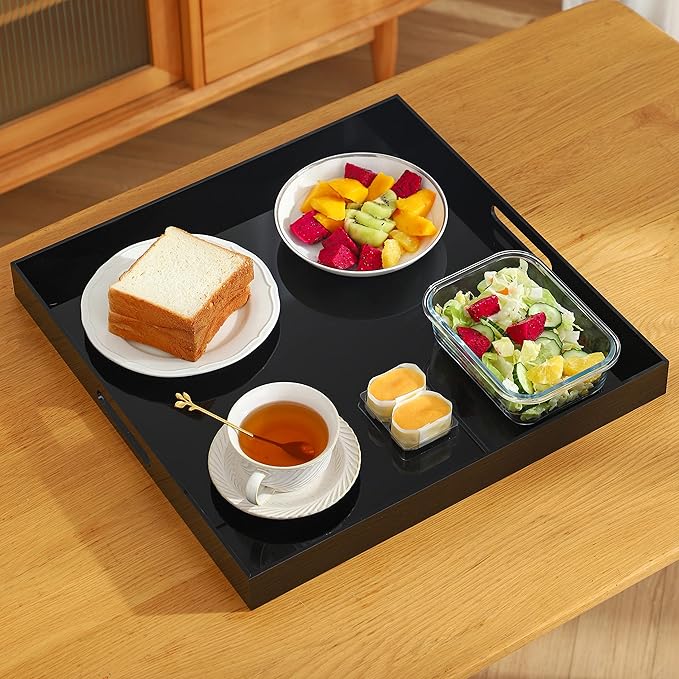 Black Oversize Acrylic Serving Tray with Handles 20x20 Inch -Spill Proof- Decorative Trays Countertop Organizer for Ottoman,Nightstand, Sidetable, Butler (20x20 Inch, Black)