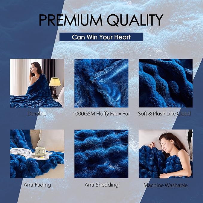 Luxury 1000GSM Faux Rabbit Fur Throw Blanket, Super Heavy Warm Cozy Blankets for Couch Bed Sofa, Bubble Plush Fuzzy Elegant Soft Reversible Mink Blanket for Living Room Bedroom, Navy Blue