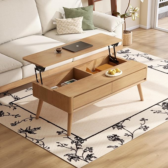 Lift Top Coffee Table, 100% Solid Oak Wood Log Color Coffee Table with Drawers and Hidden Compartments, Rectangular Coffee Tables with Storage for Living Room Home Decor (39.37" L)
