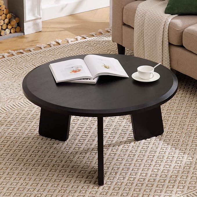 Mid Century Modern Coffee Table Wood Living Room Table Cute Round Coffee Table Center Table Side Table for Living Room Office Reception Room, Black