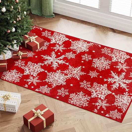 Red Area Rug 2x3 Christmas Entryway Carpet Snowflake Washable Kitchen Carpet Xmas Holiday Decor Non Slip Indoor Mat Decorative Throw Rug for Living Room Bedroom Dining Room Bathroom