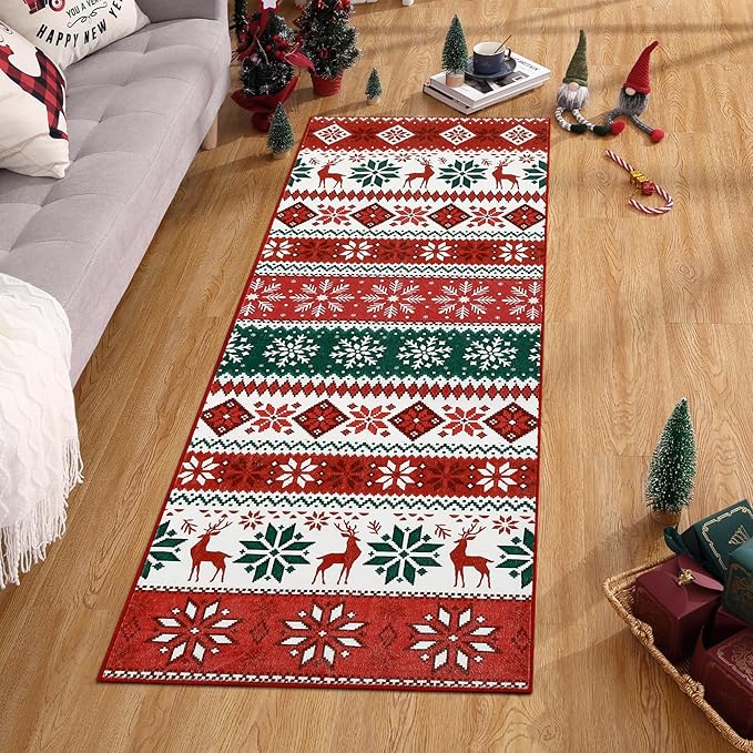 Hallway Runner Rug 2x6 Washable Christmas Runner Indoor Non-Slip Xmas Decorative Throw Floor Covers Boho Accent Festival Xmas Rug Farmhouse Rug Geometric Carpet for Living Room Bedroom, Red