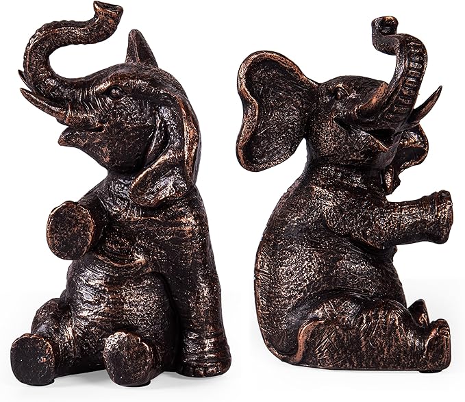 Decorative Vintage Elephant Bookends with Non-Slip Padding for Shelves to Hold Books - Heavy Duty Resin Book Holders for Bookshelf Decor, Home, Office, Living Room – 4” L x 4” W x 7”H