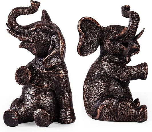 Decorative Vintage Elephant Bookends with Non-Slip Padding for Shelves to Hold Books - Heavy Duty Resin Book Holders for Bookshelf Decor, Home, Office, Living Room – 4” L x 4” W x 7”H