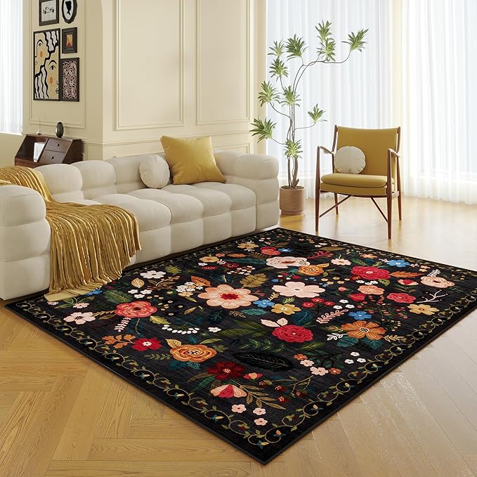Rugcomf Living Room Rug 5x7 Rug Machine Washable Boho Area Rug Non Slip Floral Vintage Low Pile Large Rugs for Living Room, Bedroom, Farmhouse, Dining Room, Kids Playroom(Black)