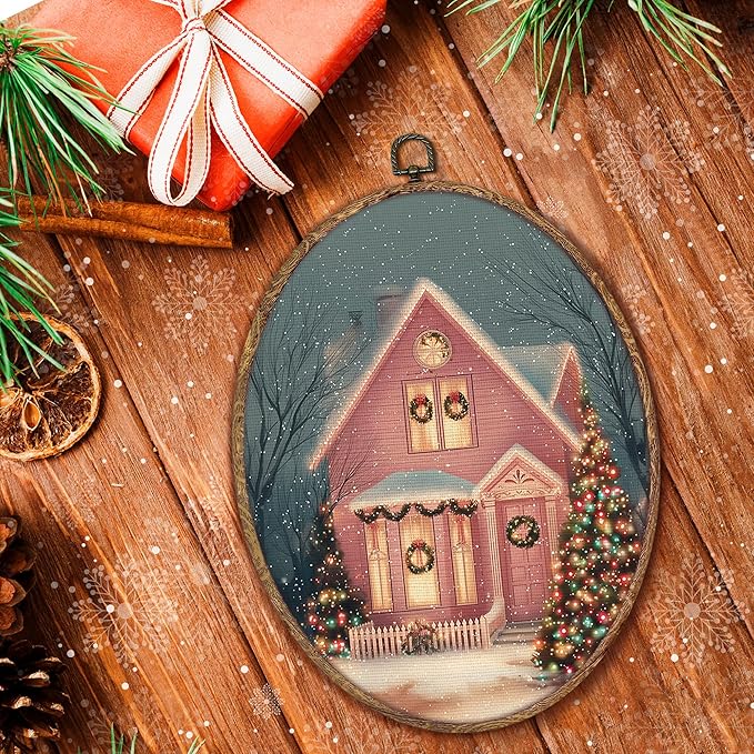 Hxlac Pink Christmas Cottage Oval Wall Art Framed, Christmas Snowy Winter Oval Wall Decor, Cozy Winter Holiday Hanging Canvas Prints Wall Sculptures for Farmhouse Home Bedroom Decor, 8.5x11.5 Inch