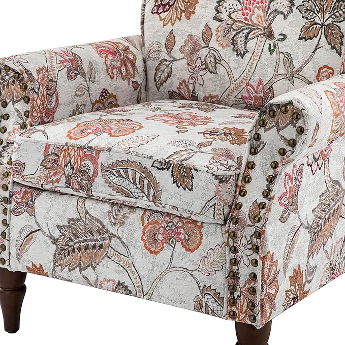 HULALA HOME Modern Wingback Accent Chairs Set of 2 with Wood Legs & Removable Cushion, Comfy Upholstered Armchairs with Nailhead Trim, Floral Pattern Single Sofa Chairs for Living Room Bedroom, Pink