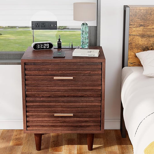 Alohappy Night Stand with Charging Station, Bedside Table with 2 Drawers, Mid Century Modern End Table, Bed Side Table with USB Ports and Outlets, Nightstand for Bedroom, Brown 1pc