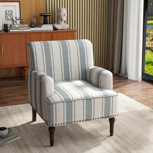UIXE Stripe Accent Chair, Living Room Arm Chairs Modern Nailhead Trim Club Armchair with Wood Legs, Comfy Upholstered Sofa Lounge Seat Reading Seat Bedroom Side Seating for Home Office, Blue