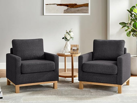 VANOMi Accent Chair 29.5" Reading Chair, Modern Living Room Chair with Thick Cushion&Wood Base, Comfy Upholstered Boucle Armchair, Single Sofa for Bedroom, Office, Dark Gray Set of 2