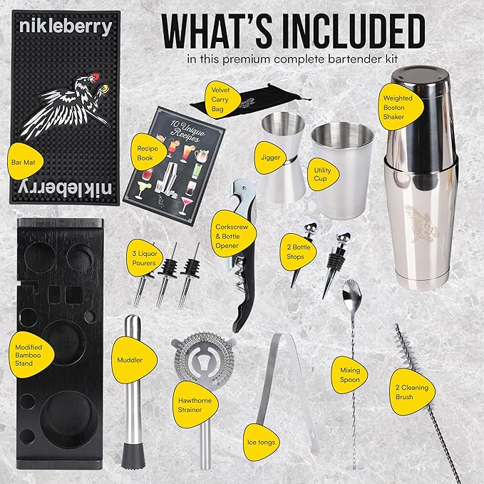 Premium 20 Piece Cocktail Shaker Set with Weighted Boston Shaker and Stand | Bartender Kit with Large Spill Catching Bar Mat - Recipe Book - Velvet Bag - Rustproof | Perfect for Mixology