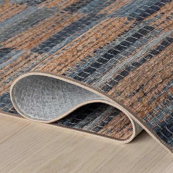 Dash & Albert Ravel Stripe Blue Machine Washable Rug, 2 X 3 Feet, Tan/Blue Stripe Pattern