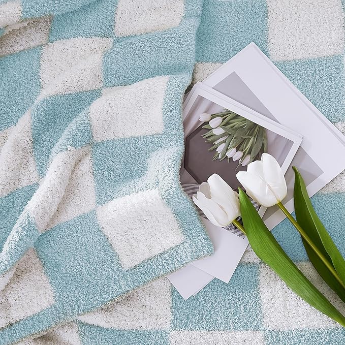 WRENSONGE Checkered Throw Blanket, Sky Blue Soft Cozy Fluffy Warm Hand Made Throw Blankets for Couch, Sofa, Chair, Bed, Camping, Picnic, Travel Lightweight Bed Blanket - 50"*70"