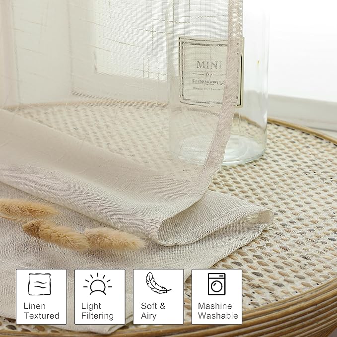 Aiyufeng Kirei Faux Linen Sheer Valance Curtain for Kitchen 14 Inch Length, Lightweight Soft Textured Valance for Farmhouse Bathroom Living Room Bedroom Toppers Windows, 60X14 Inch, 1 Piece, Linen