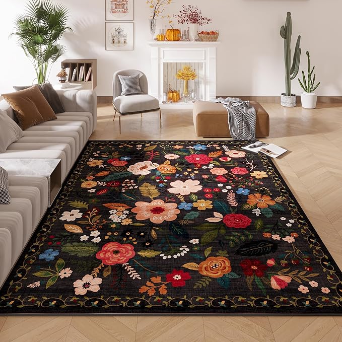Rugcomf Living Room Rug 6x9 Rug Machine Washable Boho Area Rug Non Slip Floral Vintage Low Pile Large Rug for Living Room, Bedroom, Farmhouse, Dining Room, Kids Playroom(Black)