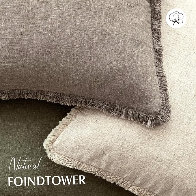 Foindtower Set of 2 Decorative Linen Fringe Throw Pillow Covers Boho Farmhouse Cushion Cover with Tassels Soft Accent Pillowcase for Couch Chair Sofa Bed Living Room Home Decor,20×20 Inch,Brown Tan