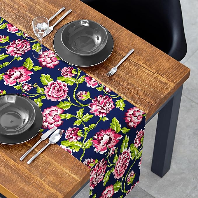Decozen Table Runner - Japanese Print Floral Design Perfect for Kitchen Dining Room Home Decor Console Table Farmhouse - Navy Blue