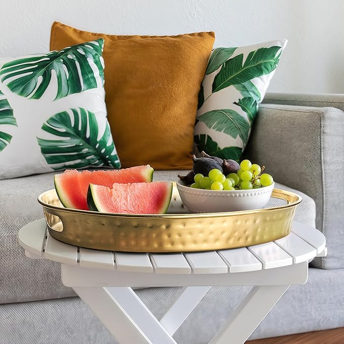 Monarch Abode Hand Hammered Metal Serving Tray with Handles, 17-Inch Brushed Gold Finish– Oval Serving Platter, Large Serving Tray for Party, Fruit Platter, Dessert Trays, Serving Dishes