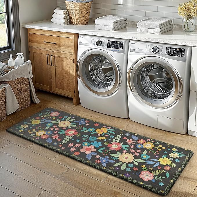 GENIMO Kitchen Mats for Floor, Cushioned Kitchen Rugs Non Slip Washable, Farmhouse Anti Fatigue Mat Waterproof, Comfort Standing Mat Rug for Office, Home, Sink, Laundry, Garage, 17.3"x59", Black