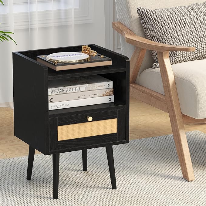 Rattan Nightstand with Charging Station, Mid Century Modern Bed Side Table with Drawer Open Shelf, Boho End Table with Solid Wood Legs,Bedside Tables for Kids' Room Farmhouse Bedroom Living Room Dorm