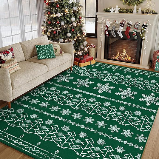 Christmas Green Area Rug 8x10 Washable Living Room Carpet Xmas Snowflake Holiday Decor Indoor Bedroom Throw Rug Decorative Non Slip Soft Low Pile Large Carpet Dining Room Office Nursery