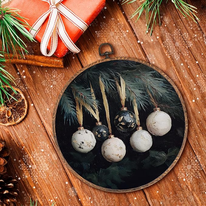 Hxlac Vintage Christmas Bauble Ball Round Wall Art Framed, Dark Rustic Winter Round Wall Decor, Cottagecore Winter Hanging Canvas Prints Wall Sculptures for Home Bedroom Living Room Decor, 10x10 Inch