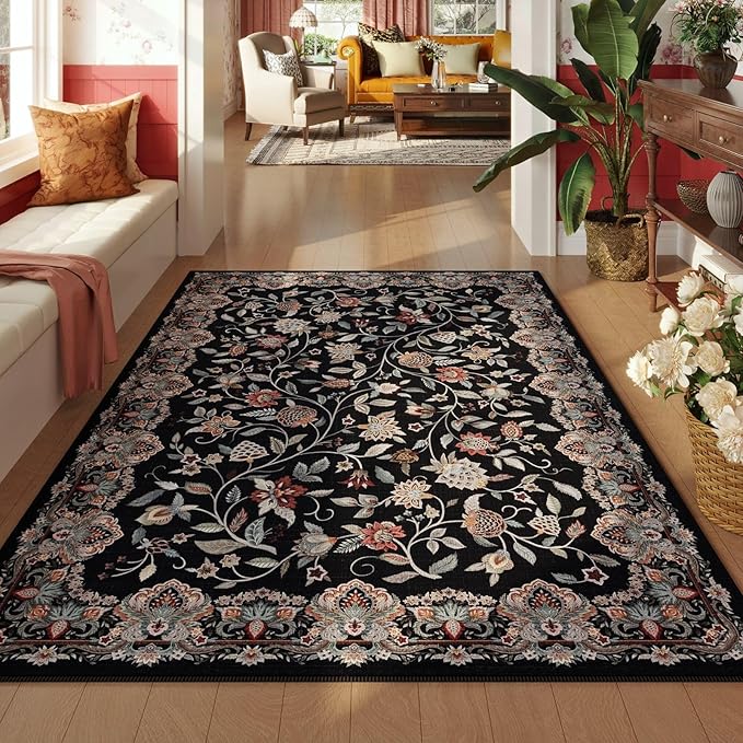 Rugcomf Vintage Paisley 3'x5' Area Rug - Machine Washable, Non-Slip Low Pile Small Floral Carpet for Bedroom, Bedside, Kitchen, Entryway, Kids/Girls Room, Office - Black