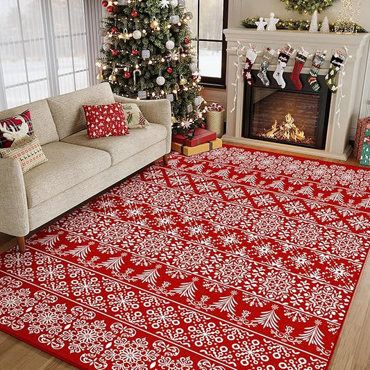 8x10 Area Rug Red Christmas Living Room Carpet Xmas Holiday Decor Bedroom Carpet Snowflake Washable Non Slip Indoor Large Decorative Throw Rug for Dining Room Nursery