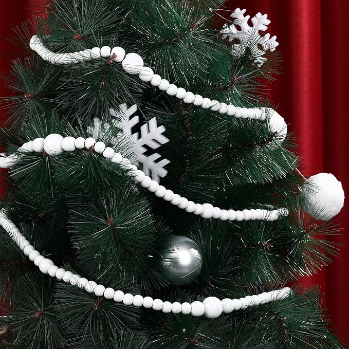 12 Feet Christmas Wooden Beads Garland Round Craft Farmhouse Vintage Wood Bead Garlands for Xmas Decoration Supplies(White)