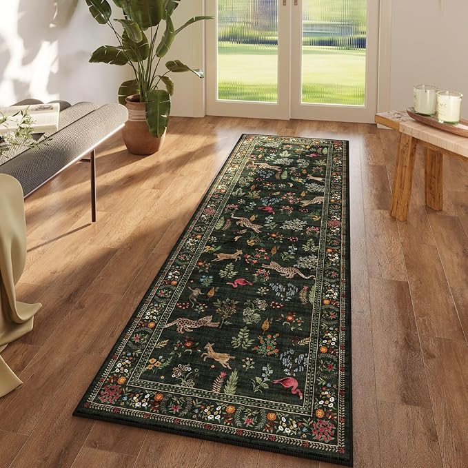Rugcomf Runner Rug for Kitchen Rug Non Slip 2'6''x8' Washable Rugs with Rubber Backing Soft Floral Animal Carpet Runner for Kitchen, Laundry, Bedroom, Bathroom (Green)