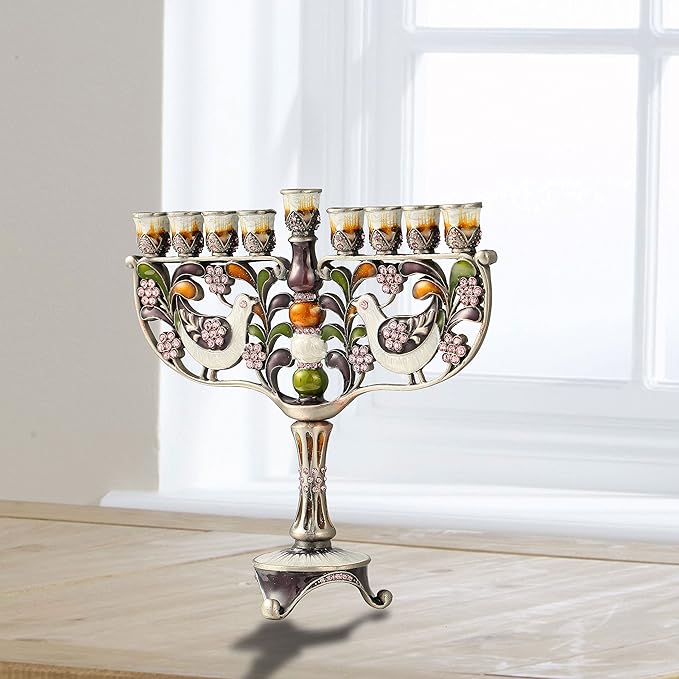 Matashi Hand Painted Enamel Menorah Candelabra with a Doves and Flower Design and Embellished with Gold Accents Crystals, for Hanukkah