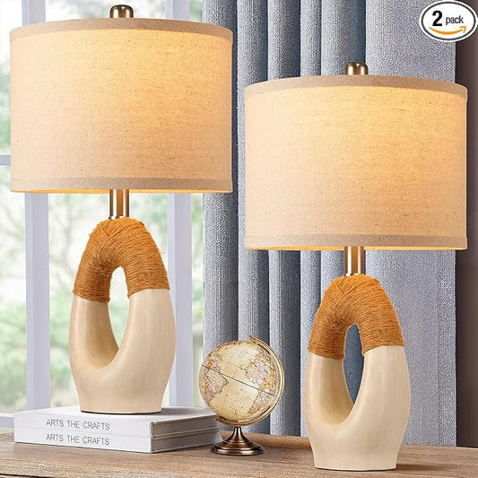 Set of 2 Boho Rattan Table Lamps,21" Farmhouse Rustic Lamps for Bedroom Night Stands,Washed White Resin Bedside Lamps with Linen Shades for Living Room Coastal Beach Decor(Bulbs Not Included)