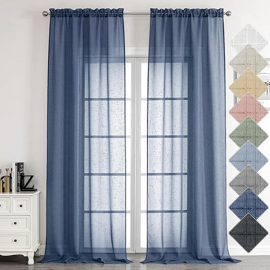 Aiyufeng Navy Blue Long Sheer Curtains - Slub Texture Semi Sheer Window Covering, Light & Airy Privacy Sheer Panels for Bedroom Living Room Patio Glass Door, 40 inch Width x 96 inch Length, Set of 2