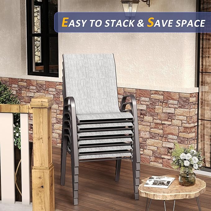 Amopatio 7 Pieces Patio Dining Set, Outdoor Table and Chairs, Square Metal Table with Umbrella Hole, 6 Stackable Chairs, Patio Furniture Sets for Deck, Backyard, Garden and Poolside,Light Grey