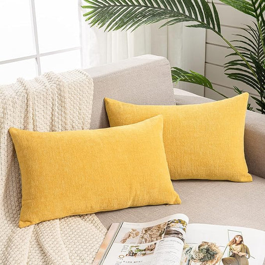 GAWAMAY Lumbar Pillow Cover Decorative Throw Pillow Covers 12"x20" Inch Set of 2, Super Soft Chenille Pillowcase for Living Room Bedroom Sofa Couch Cushion Cover Mustard Yellow 30x50cm (ONLY Covers)