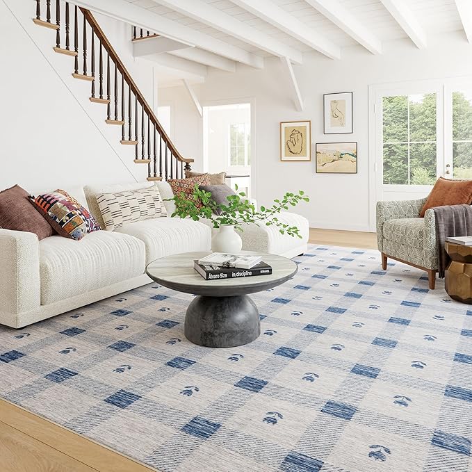 Dash & Albert Valen Plaid Blue Machine Washable Rug, 8.5 X 11.5 Feet, Blue/White Plaid Pattern