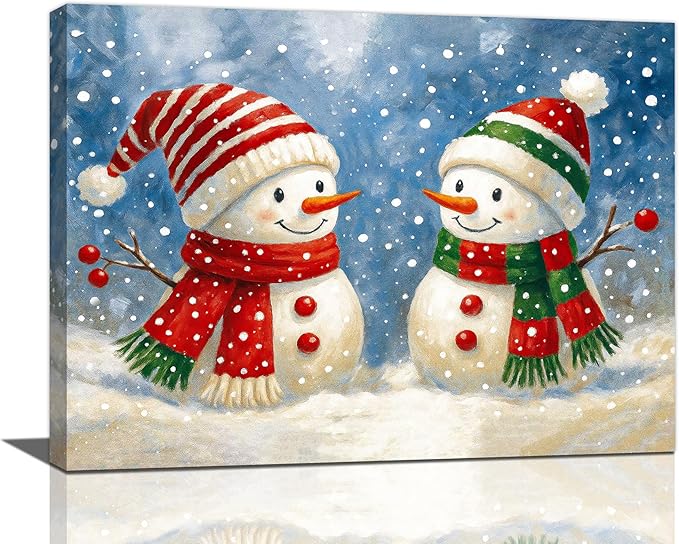 Christmas Snowman Wall Art Winter Holidays Canvas Wall Decor Pictures Paintings Prints Artwork Framed Decorations For Bathroom Bedroom Living Room Office Gifts 16" x 12"